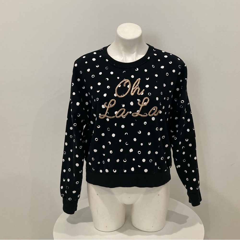 BETSEY JOHNSON Black White Polka Dot “Oh La La” Gold embroidery Sweatshirt M